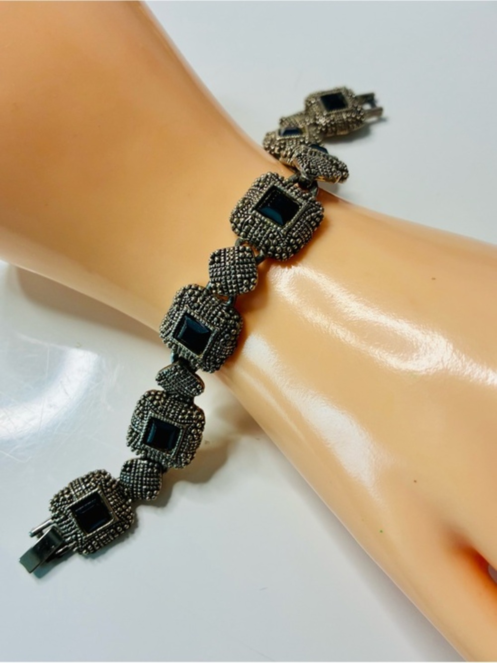 VTG Gothic Black Faux Marcasite Square Link Bracelet
